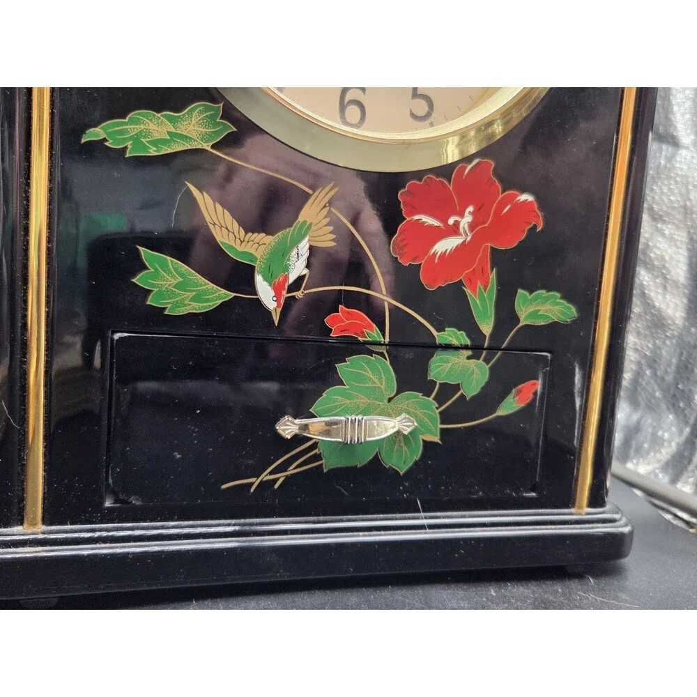 Vintage Yamanaka Quartz Mantel Clock Tabletop Black Red Hummingbird Flower